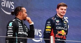 Lewis Hamilton and Max Verstappen share the podium in Spain. June 2023