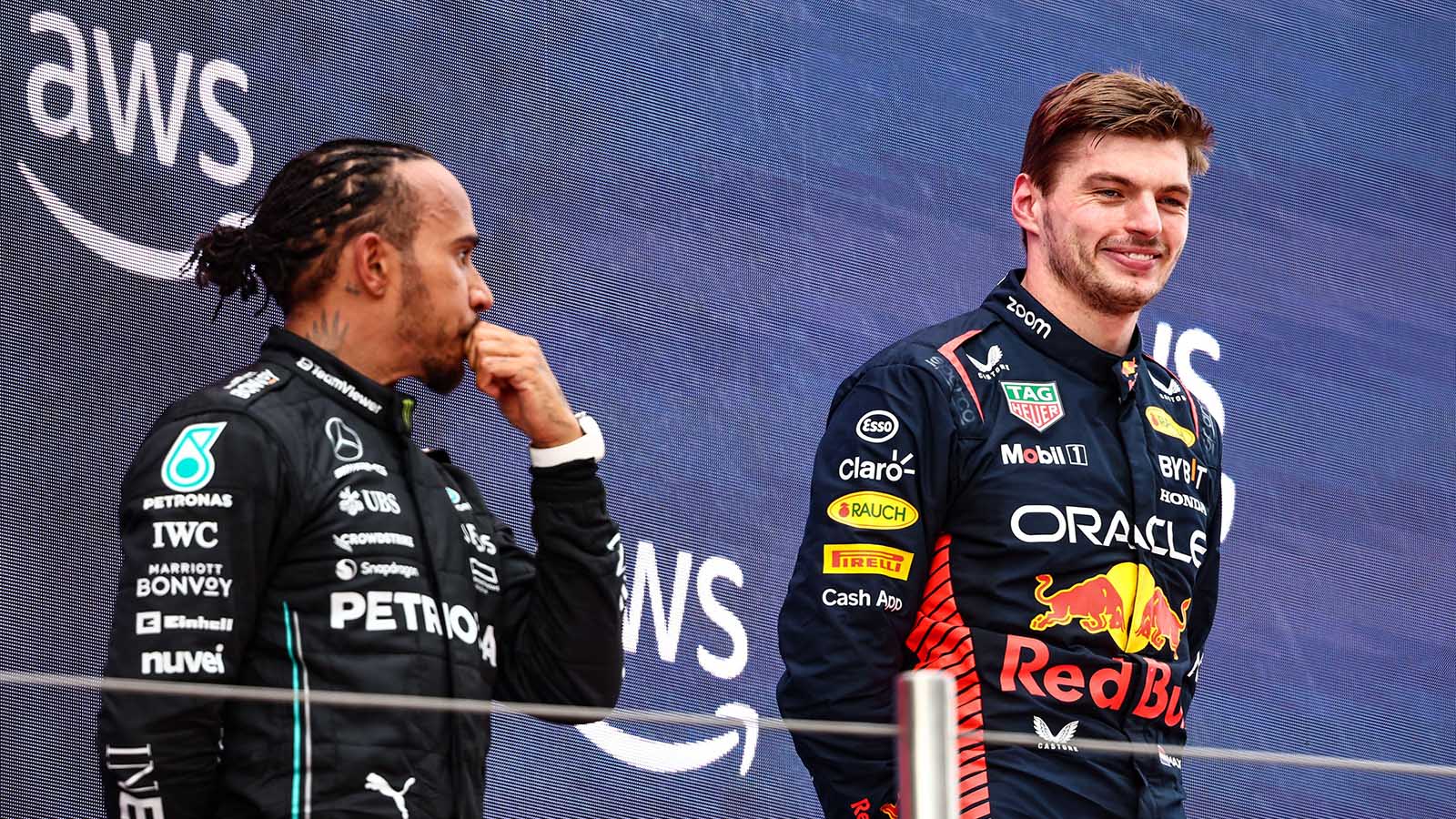 Lewis Hamilton and Max Verstappen share the podium in Spain. June 2023