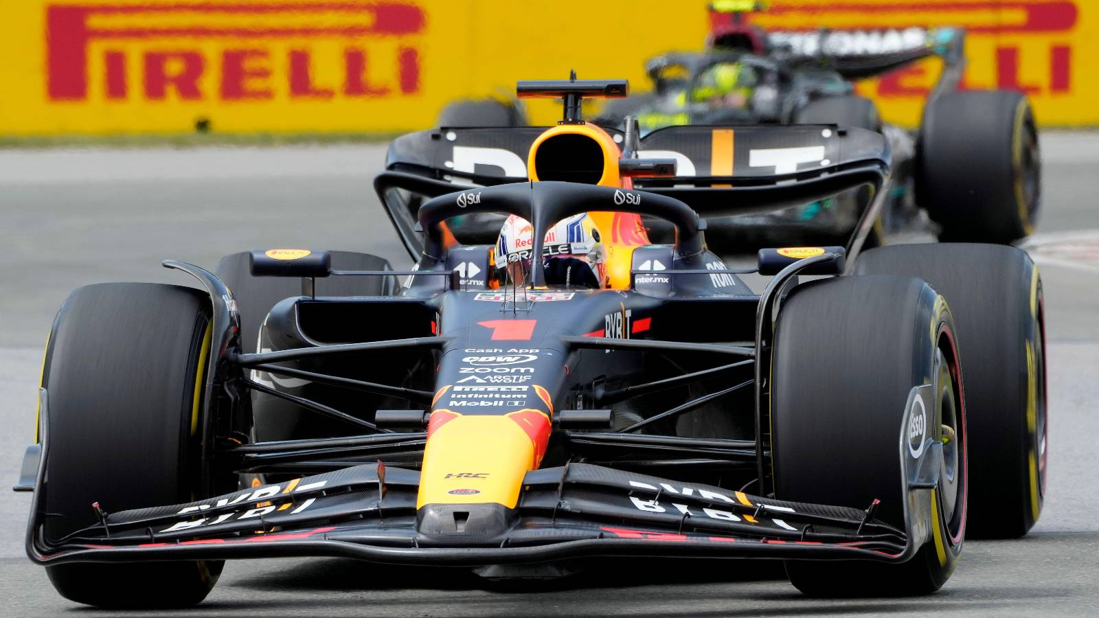Lewis Hamilton, Mercedes, follows Max Verstappen, Red Bull. Canada, June 2023.
