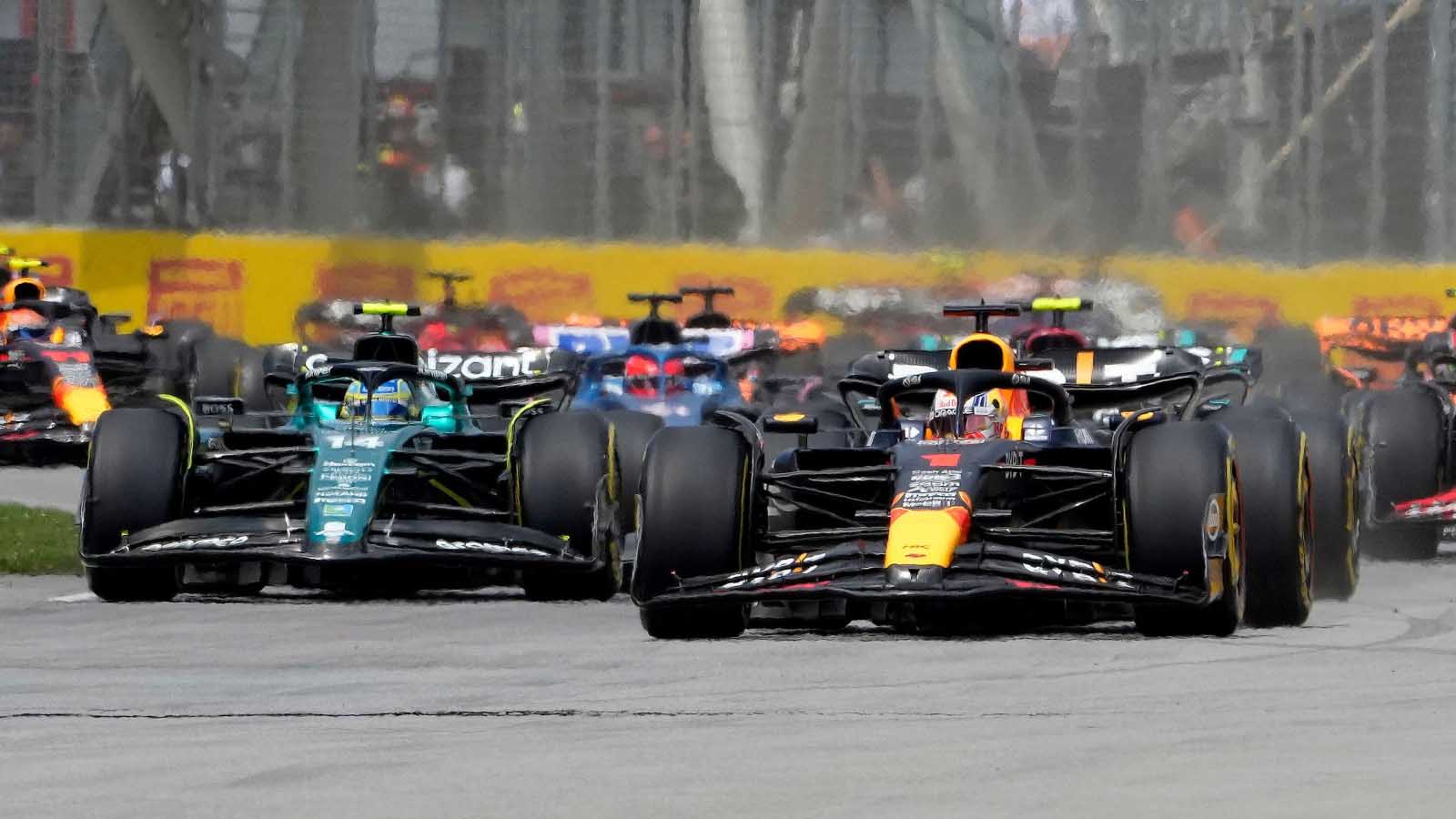 Max Verstappen leads the start of the Canadian Grand Prix. Montreal June 2023.