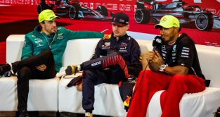 Race winner Max Verstappen on the press conference couch with Fernando Alonso and Lewis Hamilton. Canada June 2023