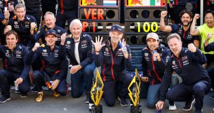 Red Bull celebrate their 100th grand prix win, Max Verstappen P1, with Helmut Marko and Sergio Perez either side. Canada June 2023
