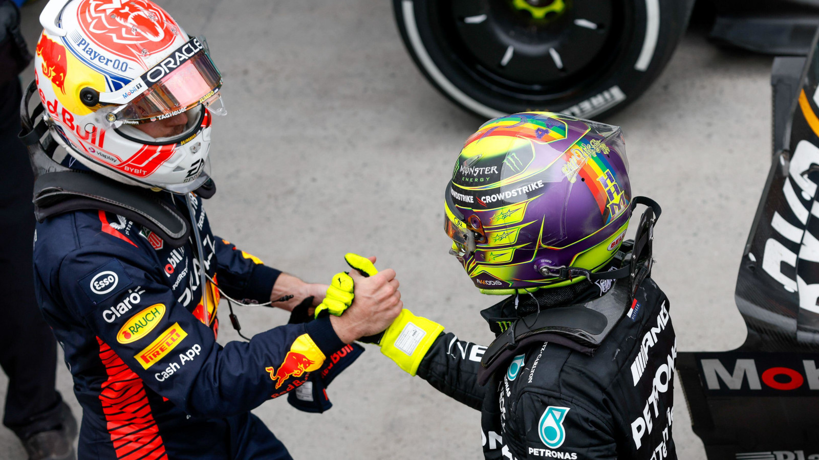 Lewis Hamilton and Max Verstappen shake hands after the race. Canada June 2023