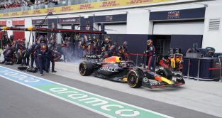 Max Verstappen leaves his pit box after the second of his pit stops. Canada June 2023.