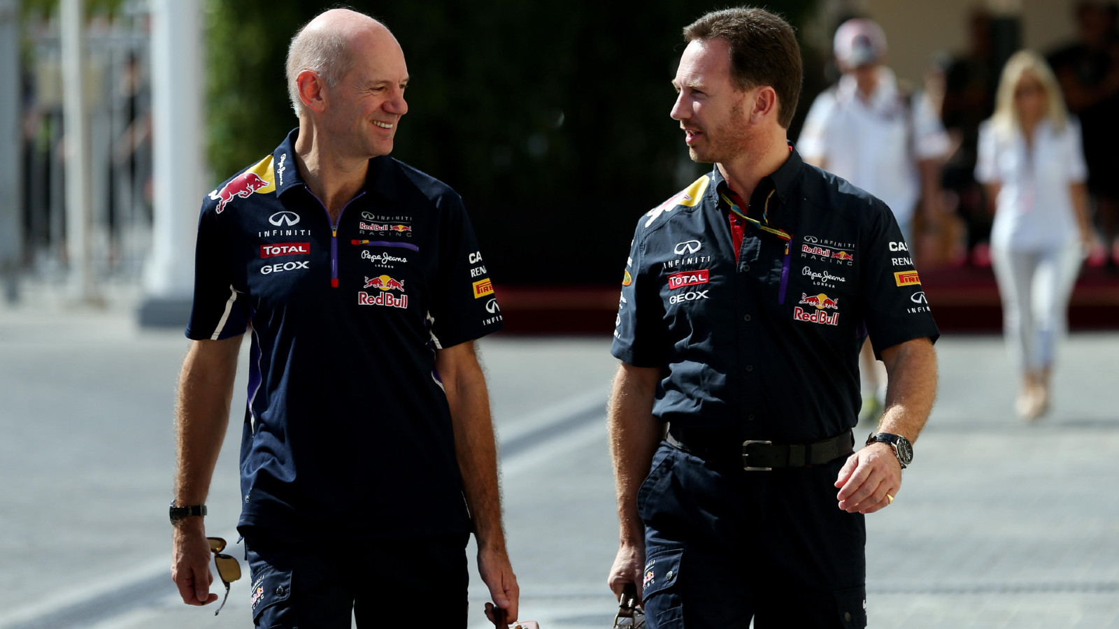Red Bull's Adrian Newey and Christian Horner at the 2014 Abu Dhabi Grand Prix.