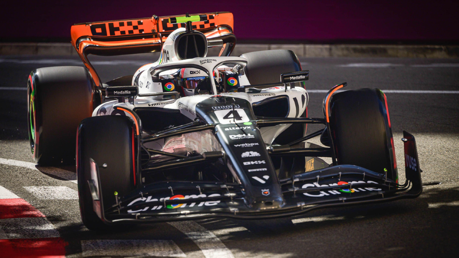 McLaren's Lando Norris on track at the Monaco Grand Prix. Monte Carlo, May 2023.