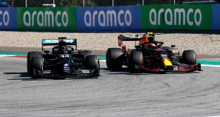 Mercedes' Lewis Hamilton and Red Bull's Alex Albon battle at the 2020 Austrian Grand Prix.
