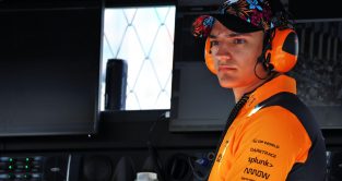 McLaren reserve Alex Palou watches on at the Miami Grand Prix.
