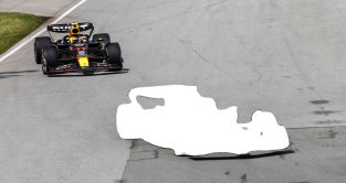 Ferrari's Carlos Sainz leads Red Bull's Sergio Perez at the Canadian Grand Prix. Montreal, June 2023. Ghost cars