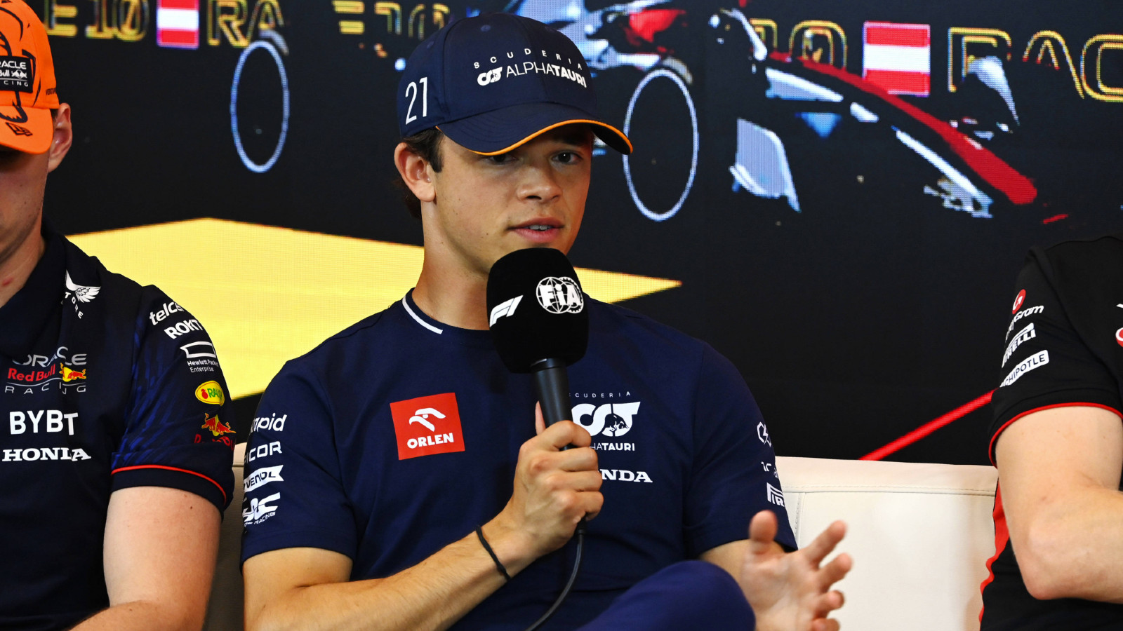 AlphaTauri's Nyck de Vries speaking in the press conference at the Austrian Grand Prix. Spielberg, June 2023.