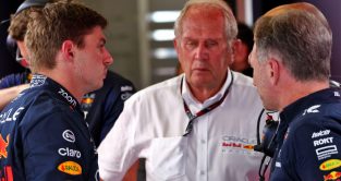 Red Bull driver Max Verstappen in conversation with Christian Horner and Helmut Marko at the Austrian Grand Prix. Spielberg, July 2023.