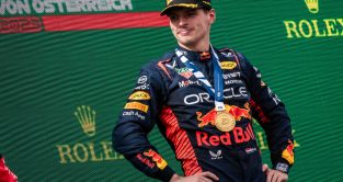 红牛司机马克斯在th Verstappen在领奖台上e Austrian Grand Prix. Spielberg, July 2023.