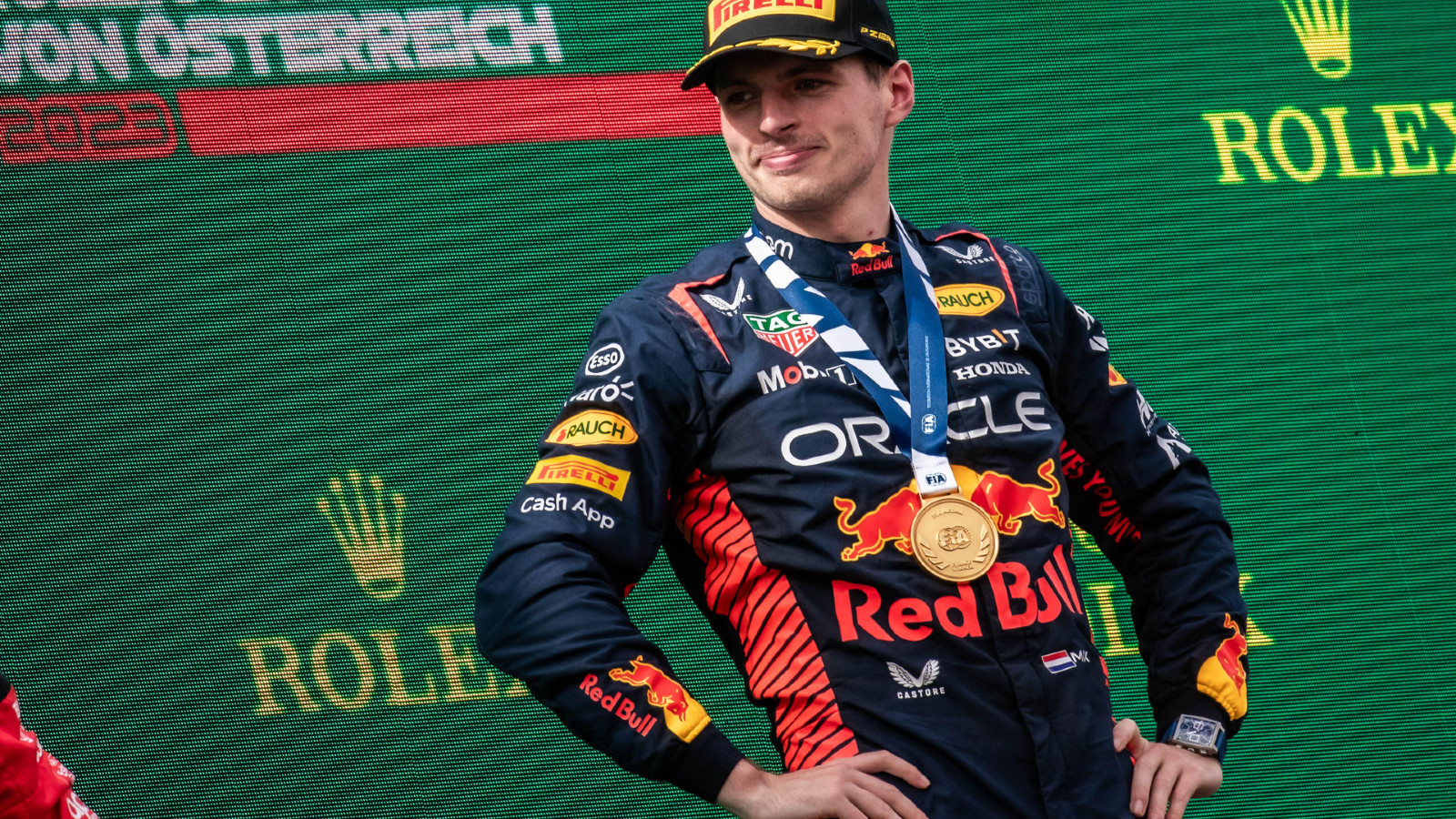 Red Bull driver Max Verstappen on the podium at the Austrian Grand Prix. Spielberg, July 2023.