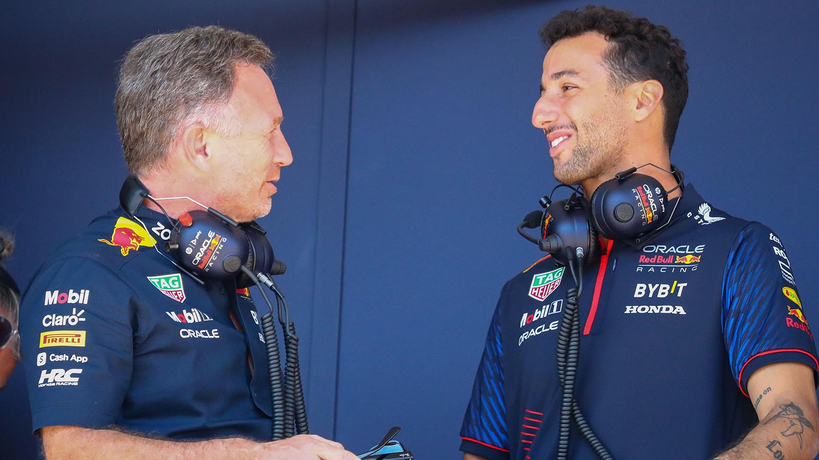 Christian Horner and Daniel Ricciardo share a joke at the Monaco Grand Prix weekend.