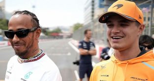 Lewis Hamilton (Mercedes) and Lando Norris (McLaren) share a joke at the Azerbaijan Grand Prix. Baku, April 2023.