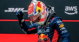 Max Verstappen celebrates moments after winning the Austrian Grand Prix.