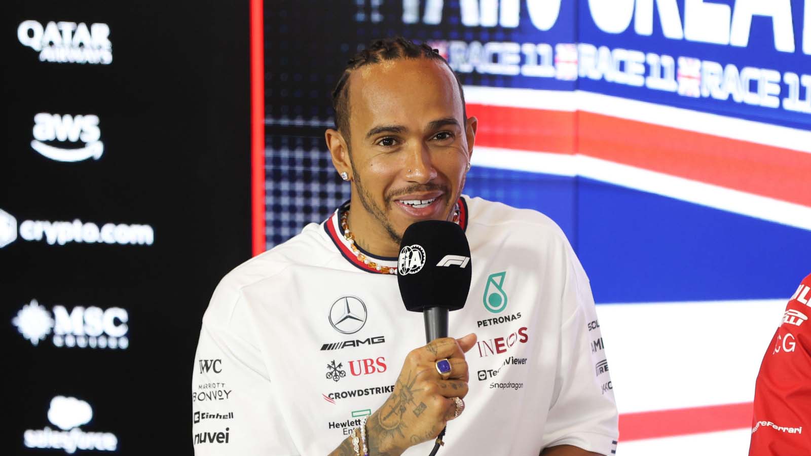 Lewis Hamilton in the press conference. Silverstone July 2023.