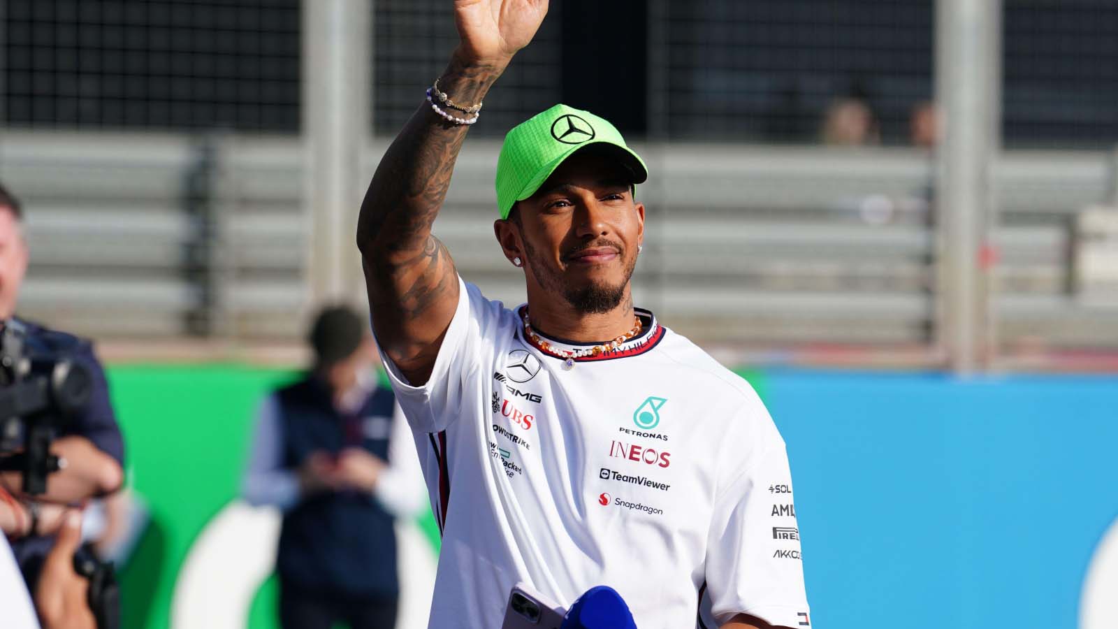 Lewis Hamilton waves to the crowd. Silverstone July 2023.