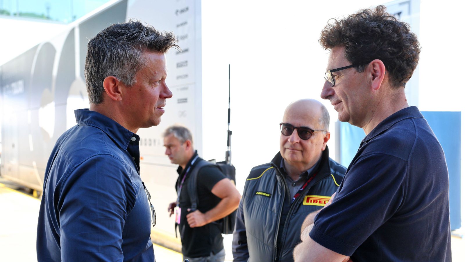 Mattia Binotto chatting with Pirelli. Britain July 2023