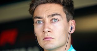 Mercedes driver George Russell looks concerned at the British Grand Prix. Silverstone, July 2023.