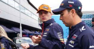 Max Verstappen in serious conversation with Sergio Perez. Britain July 2023