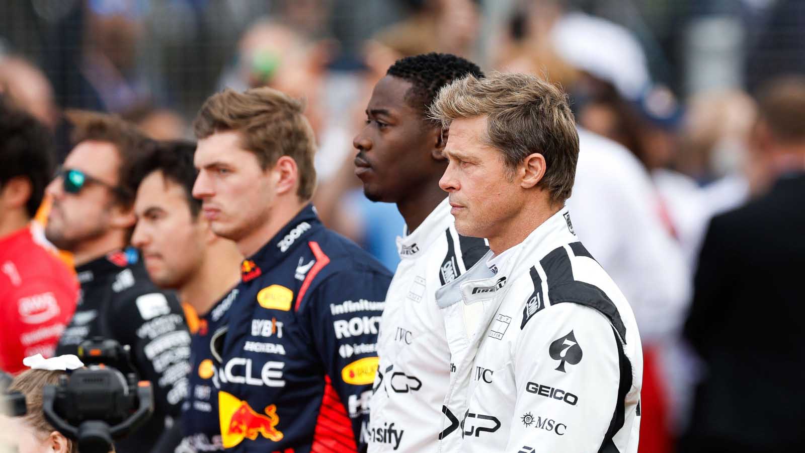 Brad Pitt and Damson Idris on the start line. Silverstone July 2023.