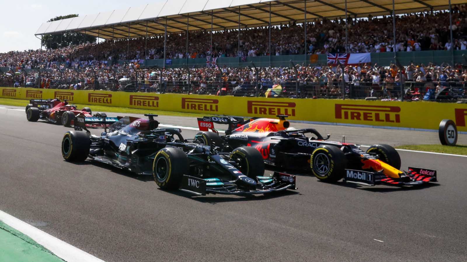 Lewis Hamilton side-by-side with Max Verstappen. Silverstone July 2021.
