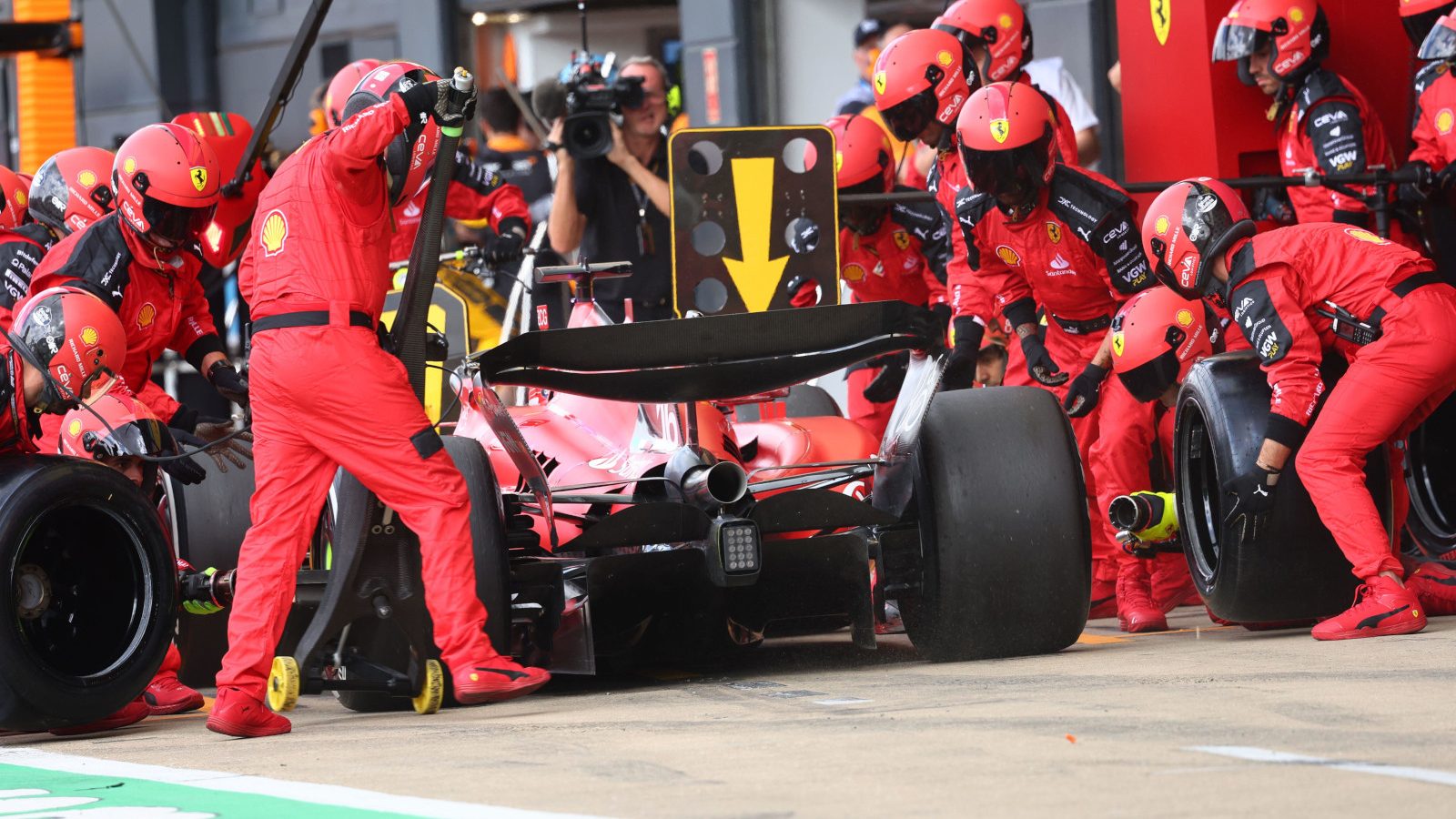 Charles Leclerc makes a pit stop for Ferrari. Britain July 2023