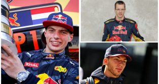 Red Bull drivers Max Verstappen, Sebastien Bourdais, and Pierre Gasly.