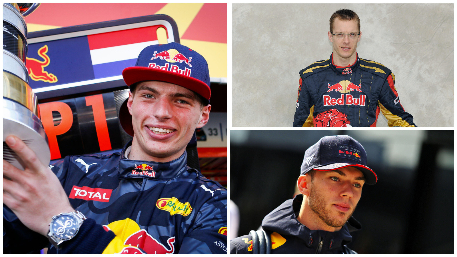 Red Bull drivers Max Verstappen, Sebastien Bourdais, and Pierre Gasly.