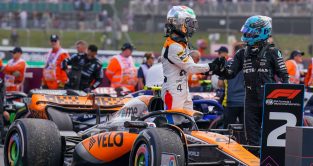George Russell congratulates Lando Norris on his P2. Britain July 2023