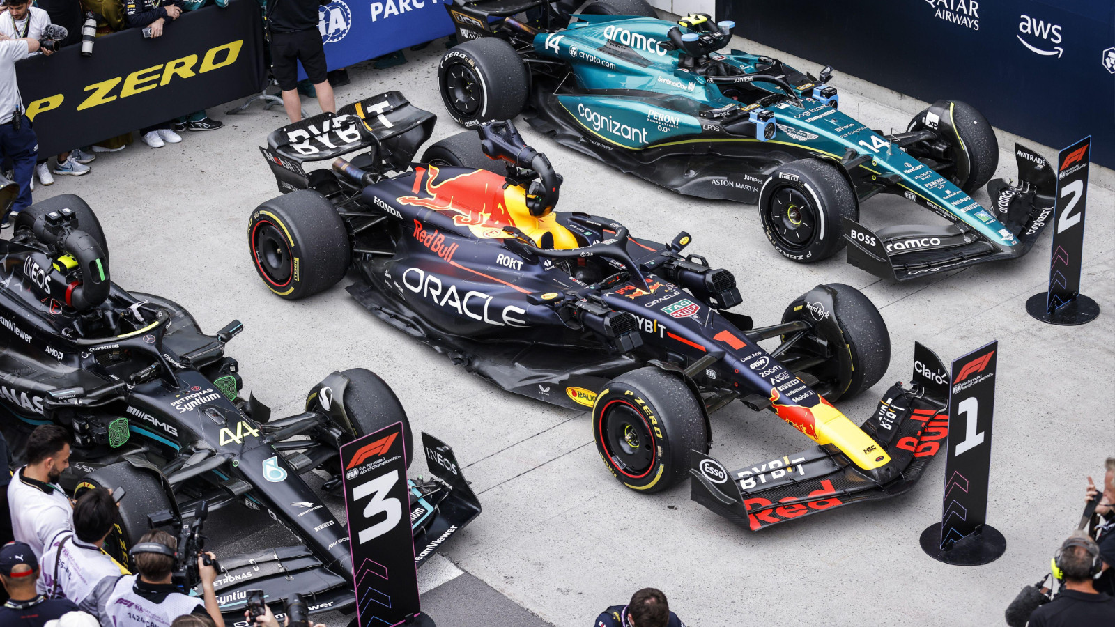 Red Bull RB19, Aston Martin AMR23, Mercedes W14 at the Austrian Grand Prix. Red Bull Ring, July 2023.