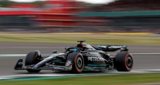 Mercedes' George Russell on track at the British Grand Prix. Silverstone, July 2023.