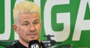 Nico Hulkenberg (Haas) sports a striking new haircut as he addresses the media at the Hungarian Grand Prix. Budapest, July 2023.