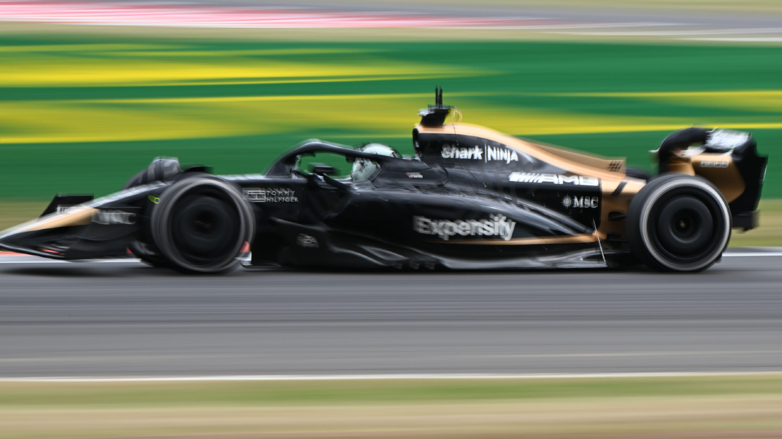 Brad Pitt drives his APGGP Formula 2 car at the British Grand Prix. Silverstone, July 2023.