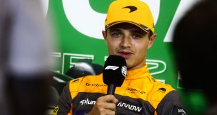 Lando Norris speaking to the media after qualifying. Hungary July 2023