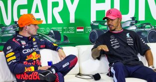 Lewis Hamilton explaining to Max Verstappen in the press conference. Hungary July 2023