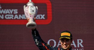 Sergio Perez lifts his P3 trophy. Hungary, July 2023.