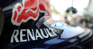 The Renault logo on the side of Red BUll's RB10. September 2014. Monza Italy