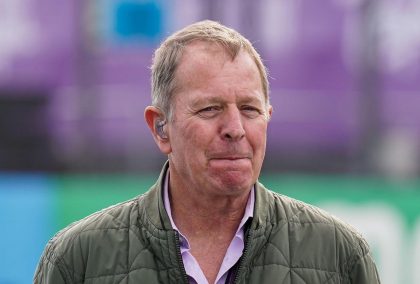 Martin Brundle looks on as he prepares to broadcast live from Silverstone