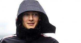 George Russell with his hood up. Spa, Belgium. July 2023.