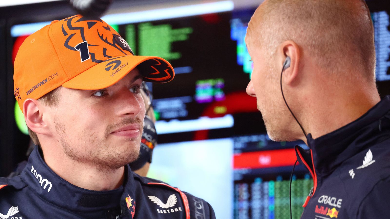 Red Bull driver Max Verstappen in conversation at the Belgian Grand Prix. Spa, July 2023.
