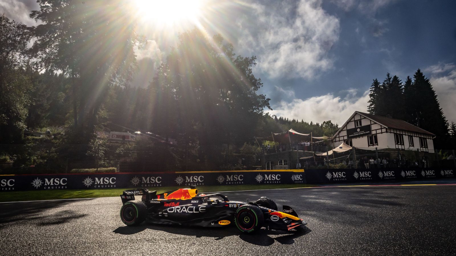 Red Bull driver Max Verstappen en route to pole position in Belgian Grand Prix qualifying. Spa, July 2023.