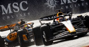 Red Bull's Max Verstappen races McLaren's Oscar Piastri at the Belgian Grand Prix. Spa-Francorchamps, July 2023.