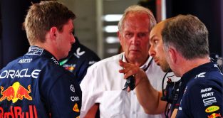 Gianpiero Lambiase explains to Max Verstappen as Helmut Marko and Christian Horner watch on. Austria June 2023