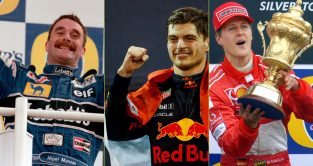 Nigel Mansell, Max Verstappen and Michael Schumacher all celebrating title successes.