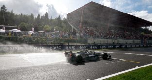 The Mercedes W14 passes the grandstand at the Belgian Grand Prix