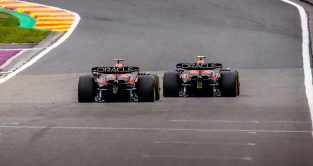 The Red Bull duo plunge down towards Eau Rouge at Spa.