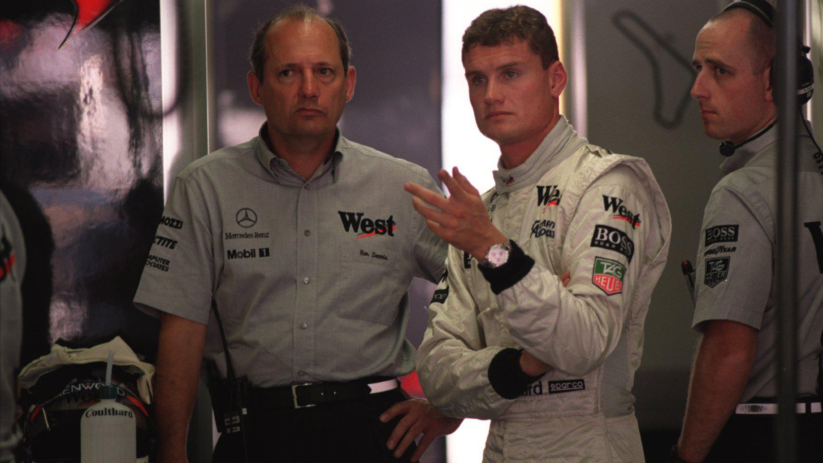 1997: David Coulthard chats with McLaren team boss Ron Dennis.