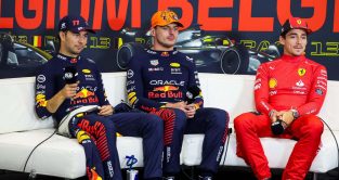 Sergio Perez, Max Verstappen and Charles Leclerc in the press conference.
